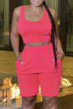 Pink Fashion Casual Solid Vests O Neck Sleeveless Two Pieces