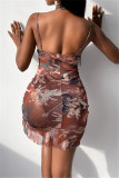 Coffee Sexy Print Draw String Backless Spaghetti Strap Sleeveless Dress