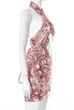 Red Sexy Print Bandage Hollowed Out Patchwork Draw String Fold Halter Pencil Skirt Dresses