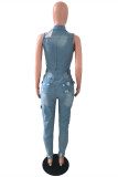 Baby Blue Fashion Casual Solid Ripped Turndown Collar Skinny Jumpsuits