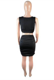 Black Fashion Sexy Solid Fold V Neck Sleeveless Two Pieces