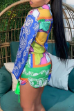 Blue Casual Print Patchwork Turndown Collar Long Sleeve Two Pieces