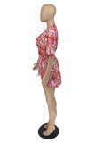 Red Fashion Sexy Print Bandage V Neck Short Sleeve Dress