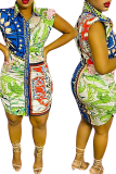 Blue Casual Print Patchwork Turndown Collar Shirt Dress Dresses