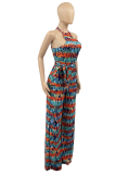 Blue Sexy Print Patchwork Halter Straight Jumpsuits