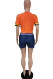 Orange Fashion Casual Letter Print Patchwork O Neck Short Sleeve Two Pieces