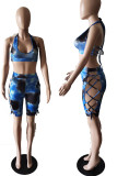 Red Sexy Print Hollowed Out Patchwork Frenulum Halter Sleeveless Two Pieces Swimwear