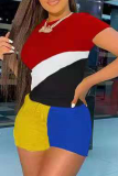 Red Casual Color Block Patchwork O Neck Short Sleeve Two Pieces