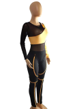 Orange Sexy Patchwork Hollowed Out Mesh O Neck Long Sleeve Two Pieces