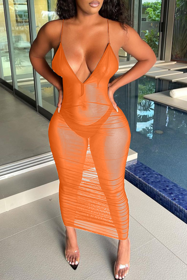 Tangerine Red Sexy Solid Mesh Spaghetti Strap Pencil Skirt Dresses