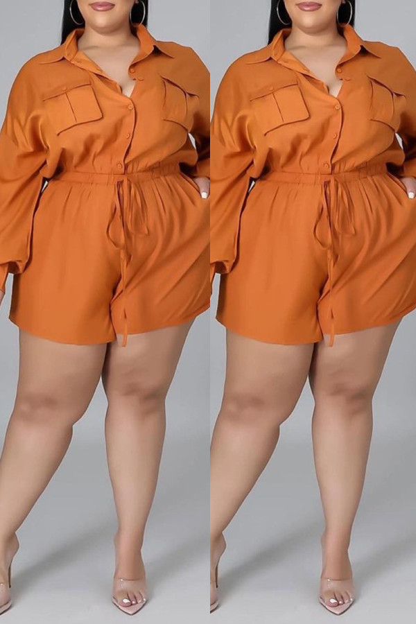 Orange Fashion Casual Solid Basic Turndown Collar Plus Size Romper