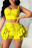 Yellow Sexy Solid Flounce Spaghetti Strap Sleeveless Two Pieces