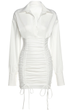 Cream White Sexy Solid Patchwork Turndown Collar Waist Skirt Dresses