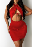 Red Fashion Sexy Solid Hollowed Out Backless Halter Sleeveless Dress