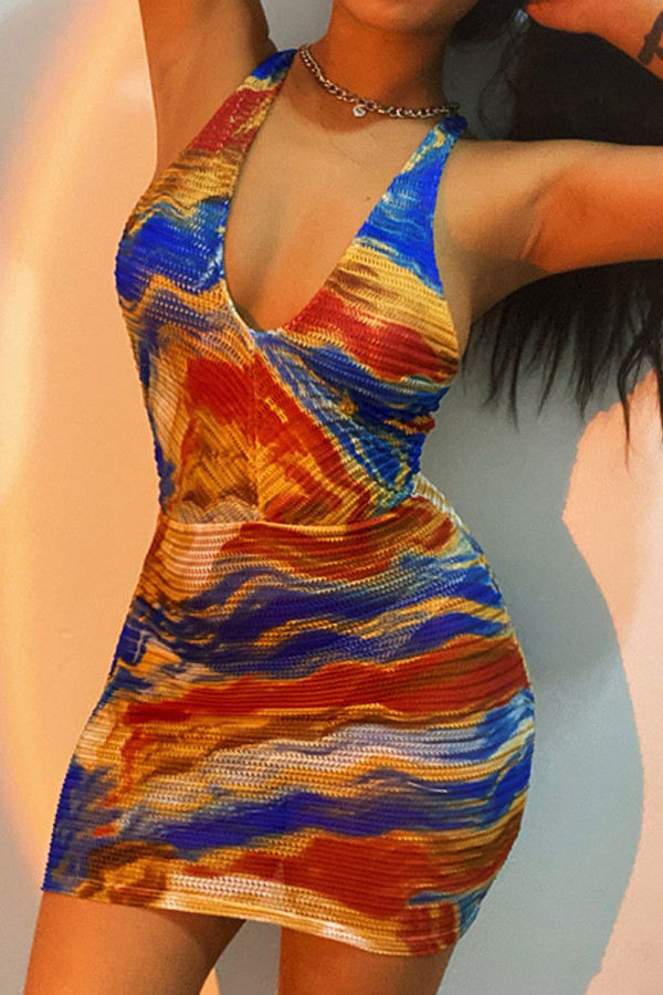 Gold Celebrities Print Patchwork Backless U Neck Pencil Skirt Dresses