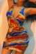 Gold Celebrities Print Patchwork Backless U Neck Pencil Skirt Dresses