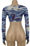 Blue Fashion Sexy Print Bandage Backless Off the Shoulder Tops