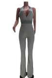 Grey Casual Solid Patchwork Halter Regular Jumpsuits