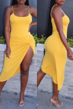 Yellow Sexy Casual Solid Backless Spaghetti Strap Irregular Dress