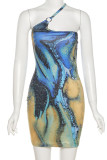 Blue Sexy Print Patchwork Backless Oblique Collar A Line Dresses