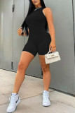 Black Fashion Casual Solid Basic O Neck Sleeveless Skinny Romper