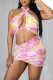 Pink Sexy Print Bandage Hollowed Out Patchwork Asymmetrical Halter Mini Dress Dresses