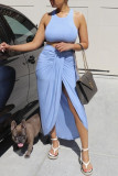 Yellow Fashion Casual Solid Asymmetrical O Neck Sleeveless Two Pieces