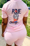 Pink Casual Print Patchwork O Neck Short Sleeve Two Pieces
