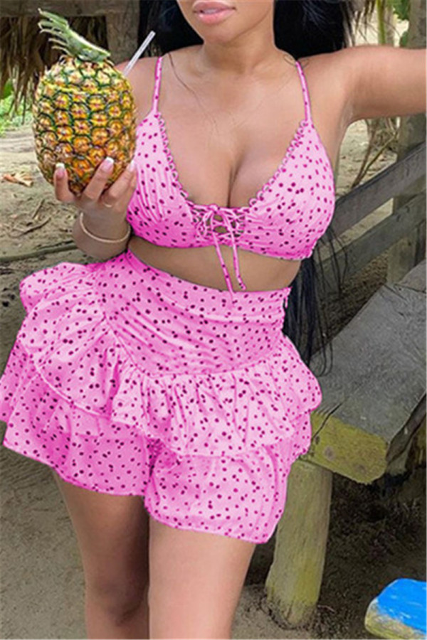 Pink Sexy Casual Dot Print Backless Halter Sleeveless Two Pieces Swimwear