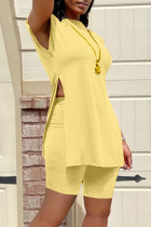 Yellow Fashion Casual Solid Slit O Neck Sleeveless Two Pieces