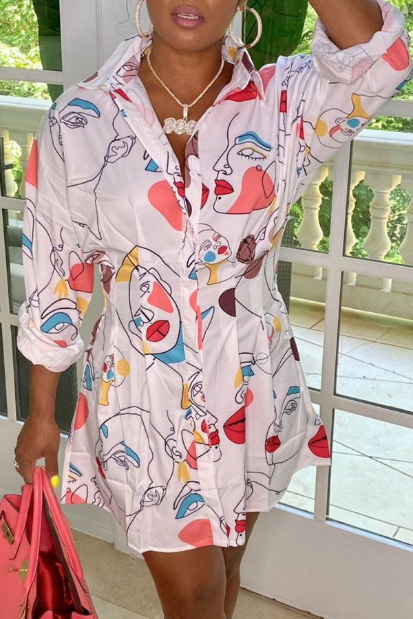Pink Casual Print Patchwork Turndown Collar Shirt Dress Dresses