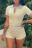 Pink Fashion Casual Striped Print Turndown Collar Short Sleeve Two Pieces