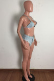Light Blue Fashion Sexy Solid Backless Strap Design Halter Sleeveless Two Pieces Swimwears