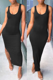 Black Fashion Casual Solid Slit O Neck Half Sleeve Two Pieces
