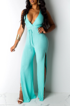Mint green Sexy Solid High Opening Halter Loose Jumpsuits