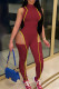 Burgundy Sexy Solid Hollowed Out Patchwork Mesh Half A Turtleneck Skinny Jumpsuits