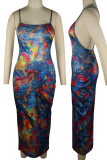Blue Sexy Print Patchwork Spaghetti Strap Sling Dress Dresses