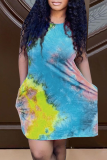 Green Casual Patchwork Tie-dye O Neck Straight Dresses