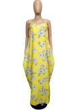 Yellow Sexy Casual Print Backless Spaghetti Strap Sleeveless Dress