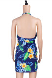 Blue Fashion Sexy Print Hollowed Out Backless Halter Sleeveless Swimwears