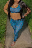 Blue Fashion Sexy Printed Vest Trousers Set