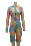 Multicolor Sexy Patchwork Tie-dye Mesh Zipper Collar Skinny Jumpsuits