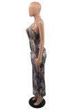 Dark Gray Fashion Sexy Print Backless Spaghetti Strap Long Dress