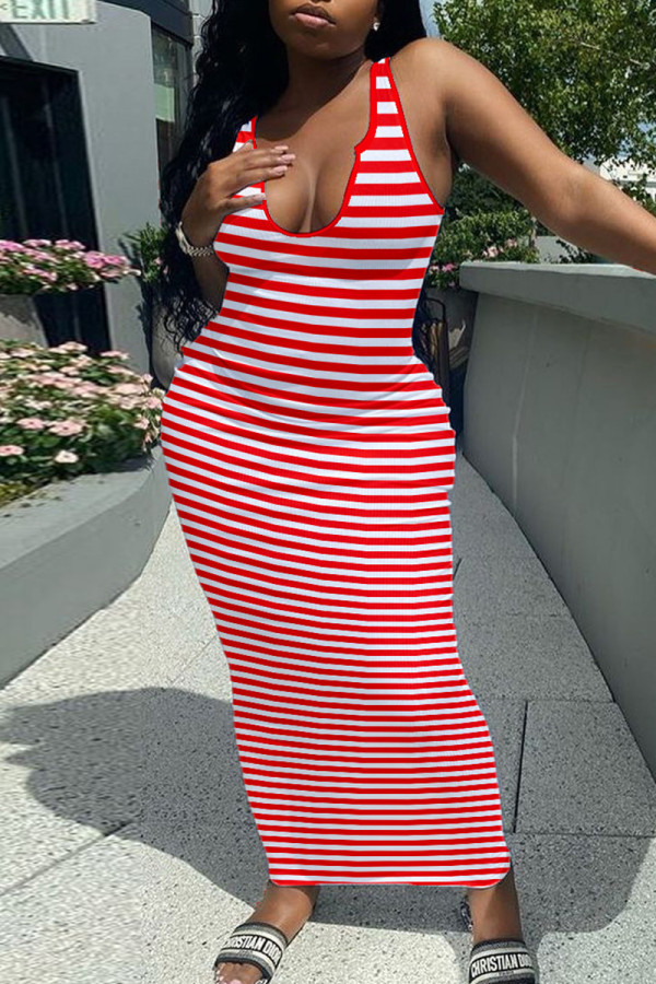 Red Sexy Casual Striped Print Basic U Neck Vest Dress Dresses
