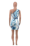 Sky Blue Sexy Print Hollowed Out Backless One Shoulder Sleeveless Dress