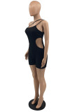 Black Fashion Sexy Solid Hollowed Out Backless One Shoulder Skinny Romper