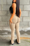 Light Gray Casual Solid Slit Boot Cut High Waist Speaker Solid Color Bottoms