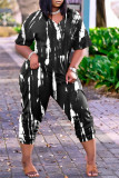 Red Fashion Casual Print Basic V Neck Regular Jumpsuits