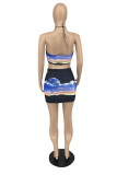 Blue Fashion Sexy Print Backless Halter Sleeveless Two Pieces
