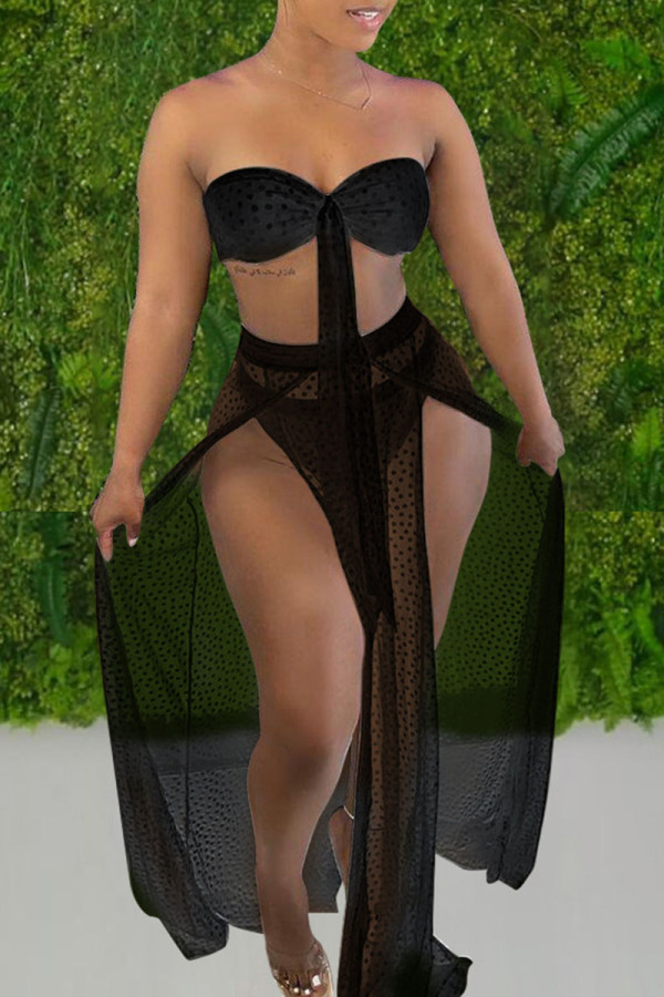 Black Sexy Print Polka Dot Bandage Hollowed Out Patchwork Swimwears
